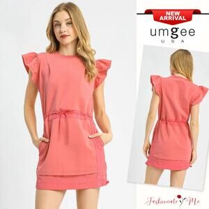 Umgee Luxe knit Ruffle Sleeves Drawstring Waist Side Pockets Mini Dress | Coral